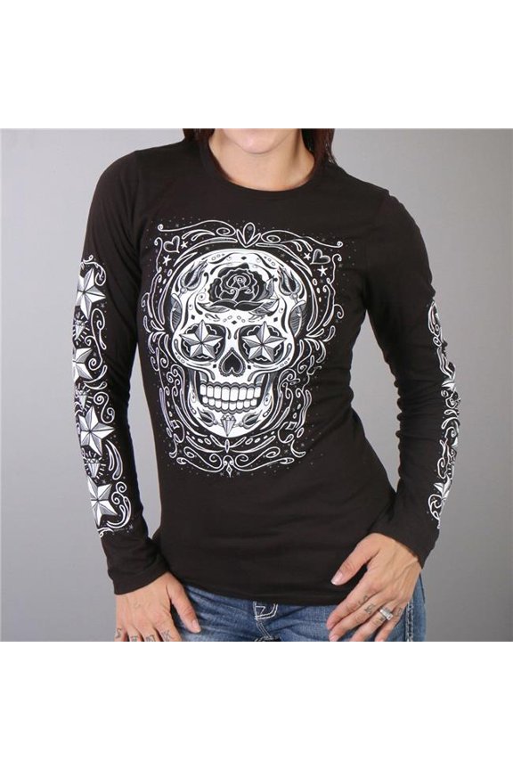 glc3183 Sugar Skull Long Sleeve Ladies T-Shirt - Black - Small