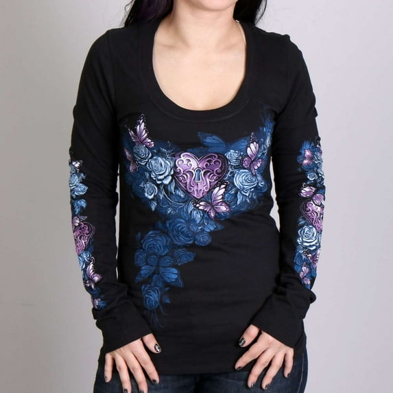 Hot Leathers GLC3394 Heart Lock Scoop Neck Black Long Sleeve Ladies Shirt Medium