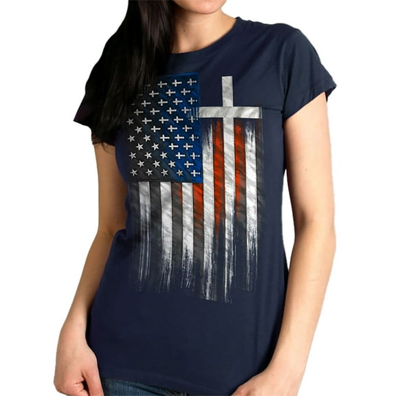 Hot Leathers GLR1520 American Flag Crosses Ladies Black T-Shirt Large