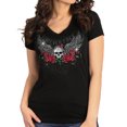 thumbnail image 1 of Hot Leathers GLR1575 Women's Black Short Sleeve Skull Wing Roses T-Shirt Medium, 1 of 2