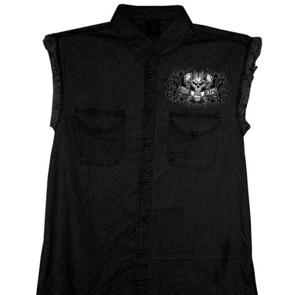 Hot Leathers GMD5015 Men's Black Ride or Die Skull Sleeveless Denim Button Shirt Medium
