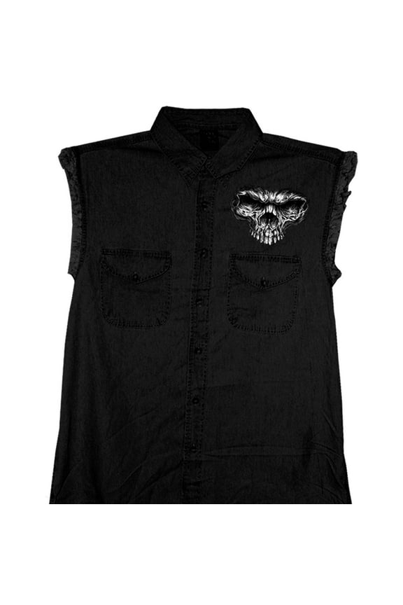 GMD5237 Mens 'Shredder Skull' Black Sleeveless Denim Shirt Medium