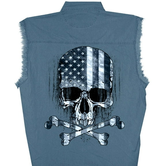 Hot Leathers GMD5372 Mens 'Flag and Skull' Sleeveless Blue Denim Shirt Medium