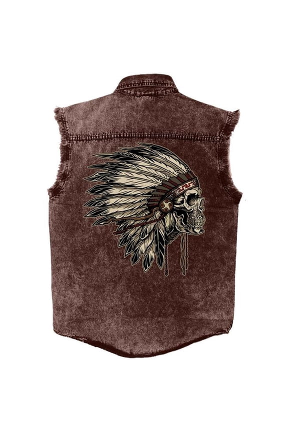 GMD5473 Native Headdress Sleeveless Denim T-Shirt - Rust Dye - Medium