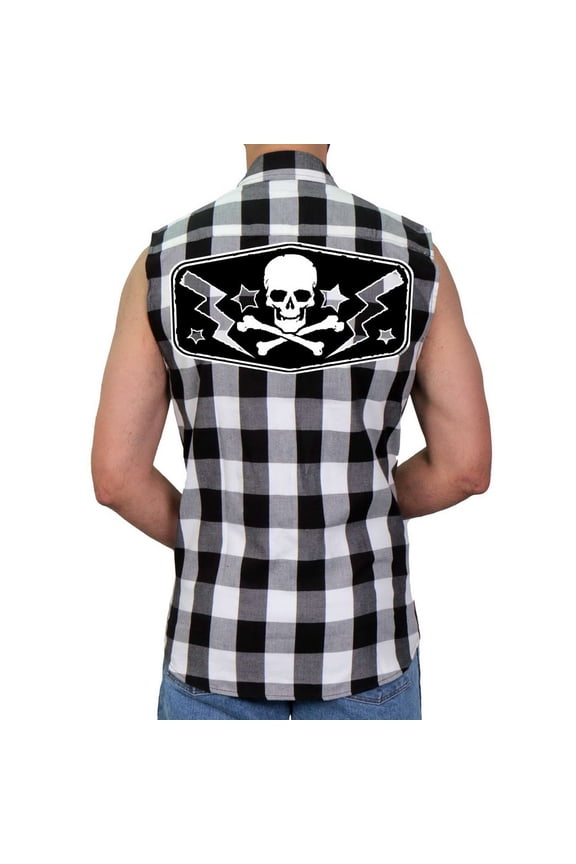 GMS3490 Men’s Black and White Skull Sleeveless Flannel Shirt 2X-Large