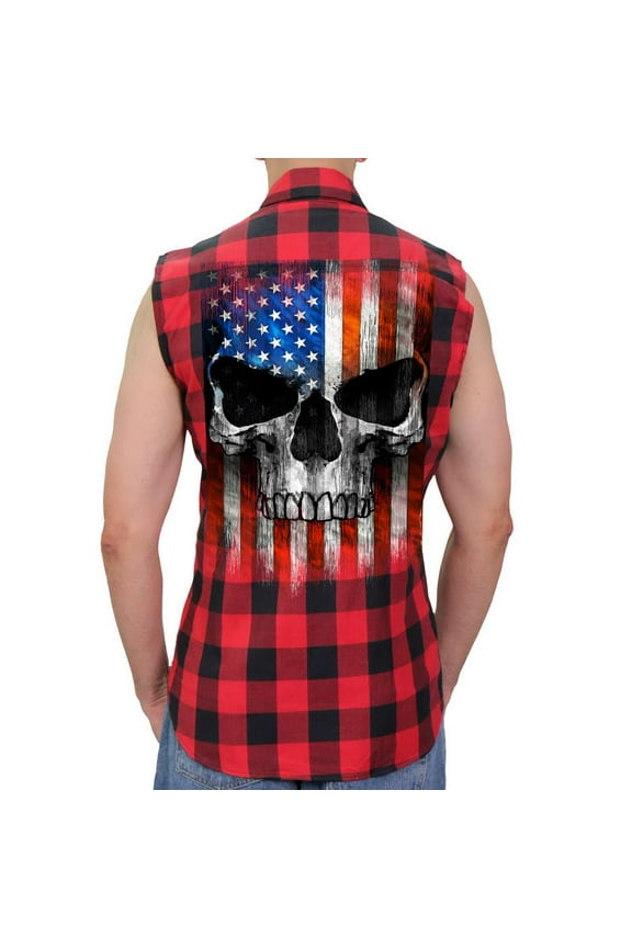 GMS3491 Men’s Black and Red Patriot Skull Sleeveless Flannel Shirt 2X-Large