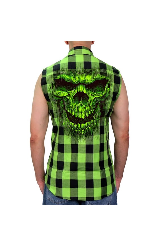 GMS3492 Men’s Black and Green Shredder Skull Sleeveless Flannel Shirt Large