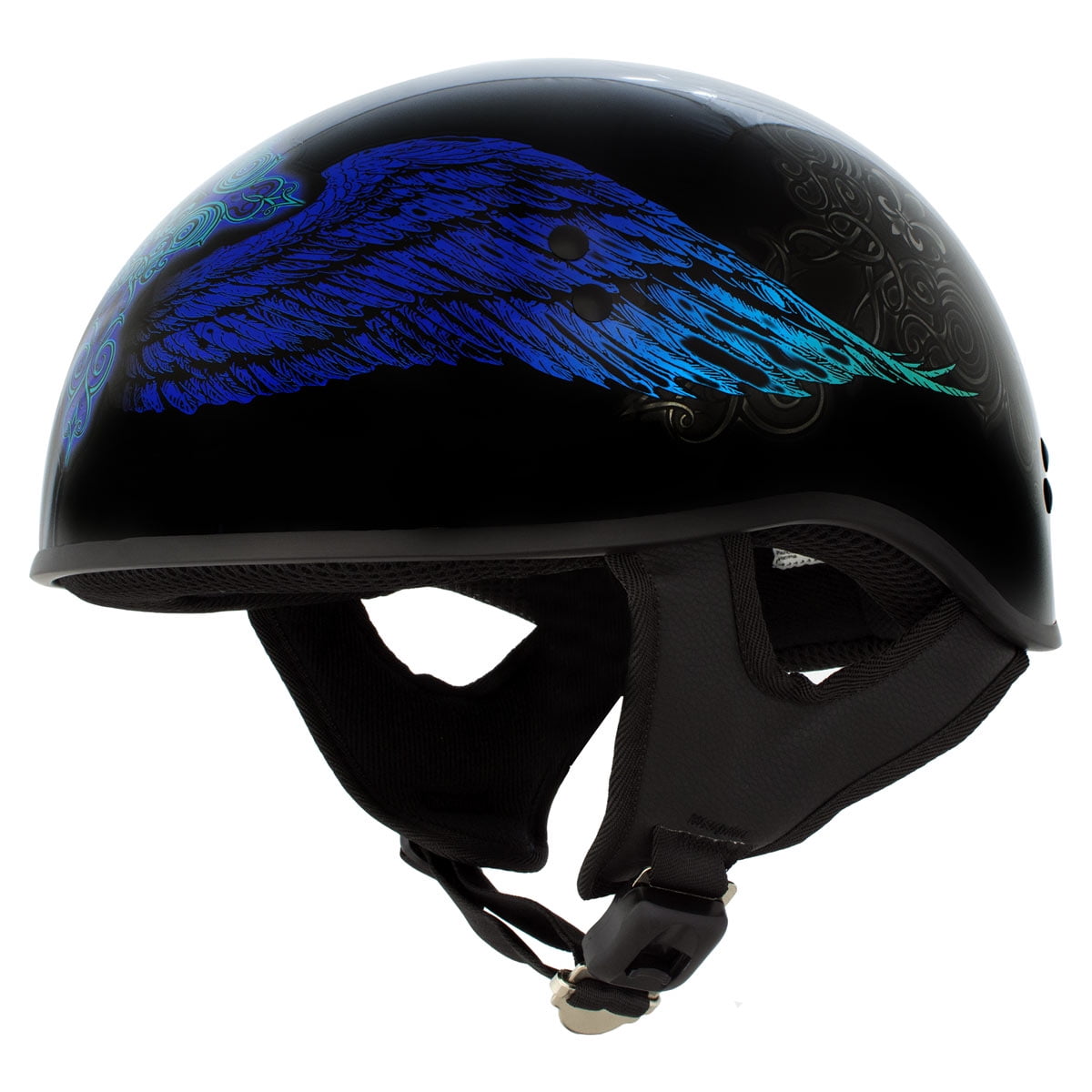 blue womens motorcycle half helmet with flowers Voss 707Frp Black Skull And Rose Peak ensuring both safety and comfort on motorcycles Daytona DOT Closeout Women's D6-DS