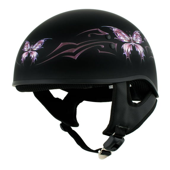 Hot Leathers HLD1052 DOT Skull Cap Half Helmet - Flat Black with Purple Butterfly Design for Men and Women Bikers Medium