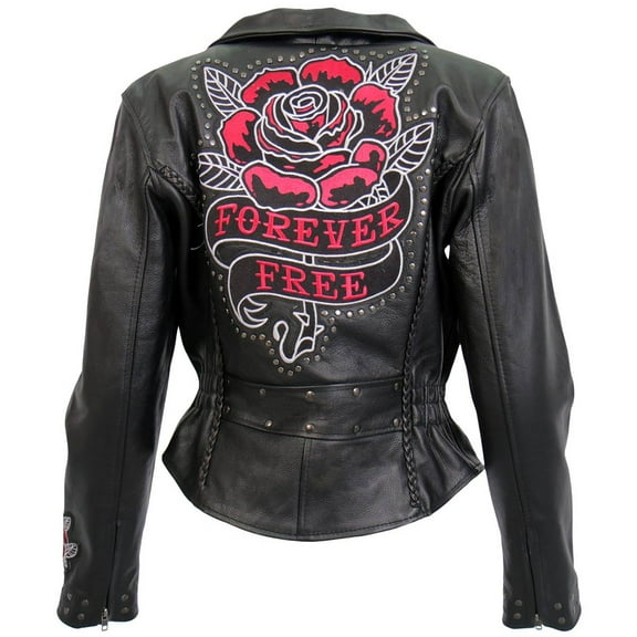 Hot Leathers JKL2001 Women's Black 'Embroidered Bling Rose Design' Braided Motorcycle Leather Jacket 2X-Large