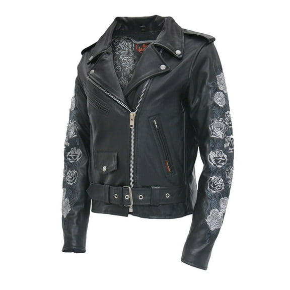 Hot Leathers JKL2002 Women's Black 'Rose Embroidered' Motorcycle Style Leather Jacket 3X-Large