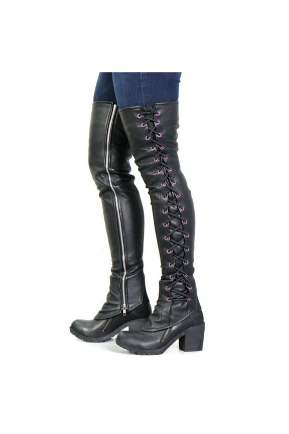 LCU1004 Ladies Black Lambskin Leather Leggings with Purple Side Lace 2X-Large