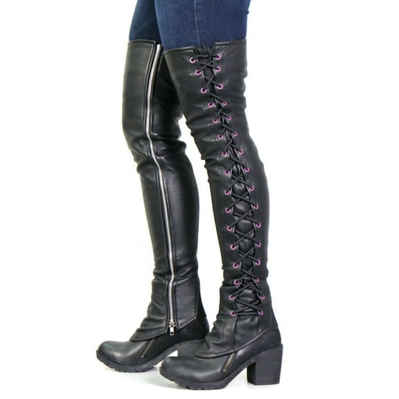 Hot Leathers LCU1004 Ladies Black Lambskin Leather Leggings with Purple Side Lace X-Small