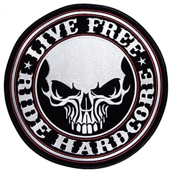 Hot Leathers, LIVE FREE RIDE HARDCORE STENCIL SKULL, Iron-On / Saw-On, Heat Sealed Backing Rayon PATCH - 10" x 10"