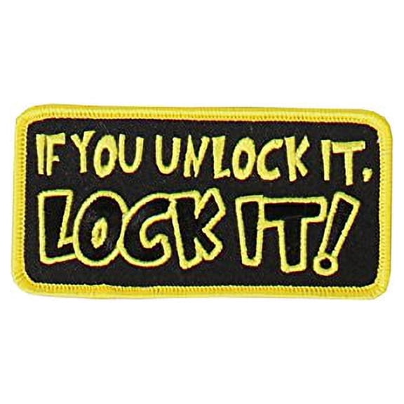 Hot Leathers, LOCK IT, High Quality Iron-On / Saw-On, Heat Sealed Backing Rayon PATCH - 4" x 2"