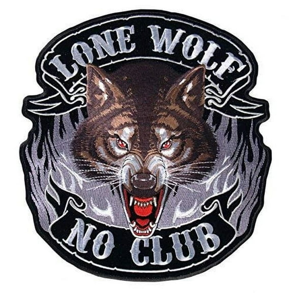 Hot Leathers, Lone Wolf , "NO CLUB", with Flames, High Quality Iron-On / Saw-On Rayon FULL FACE PATCH - 5" x 5"