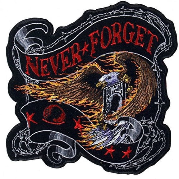 Hot Leathers, NEVER FORGET EAGLE, High Thread Iron-On / Saw-On Rayon PATCH - 4" x 4", Exceptional Quality