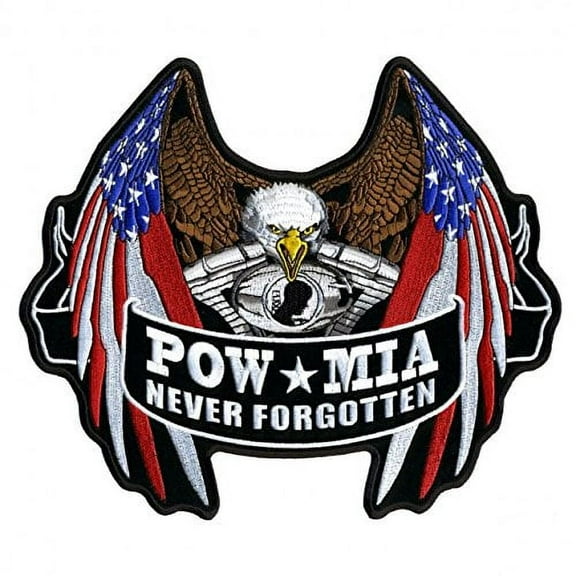 Hot Leathers, POW MIA NEVER FORGOTTEN FLAG EAGLE, Embroidered Iron-On / Saw-On Rayon PATCH - 10" x 9"