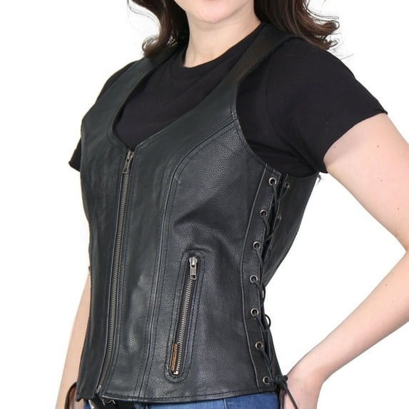 Hot Leathers VSL1013 Ladies Black Leather Side Lace Zip-Up Vest Medium