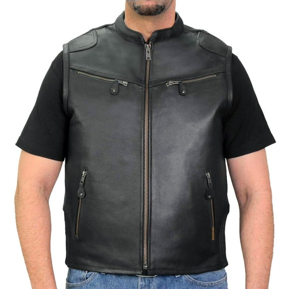 Hot Leathers VSM1037 Men's Black 'Zipper Pockets'  and Carry Leather Vest Medium