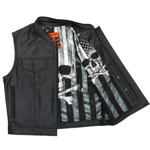 Hot Leathers VSM1054 Men’s Black 'Skull Flag' Leather Vest M