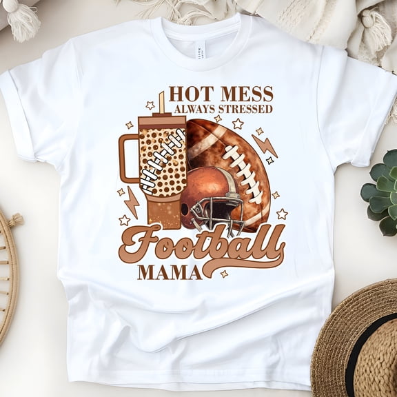 Hot Mess Always Stressed Football Mama T-Shirt | Funny Game Day Graphic Tee, White, Size S
