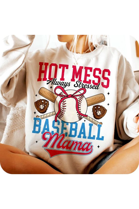 Hot Mess Baseball Mama Sweatshirt, Always Stressed Retro Mom Crewneck, Funny Game Day Pullover, Vintage Baseball Mom Shirt, Softball Mama Sweatshirt