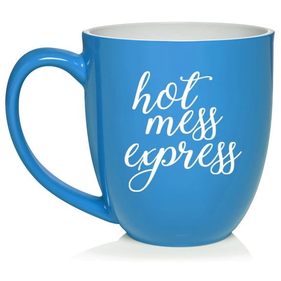 Hot Mess Express Funny Ceramic Coffee Mug Tea Cup Gift for Her, Him, Friend, Coworker, Wife, Husband (16oz Light Blue)