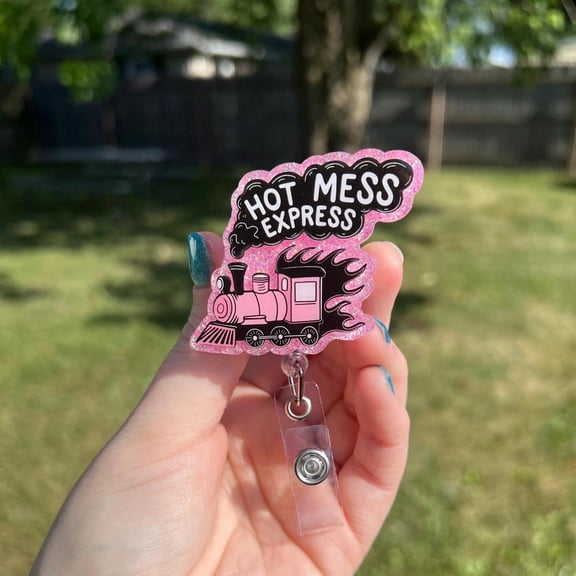 Hot Mess Express Interchangeable Badge Reel: Pink Train Design