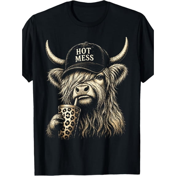Hot Mess Highland Cow Funny Cute Coffee Lover Graphic T-Shirt