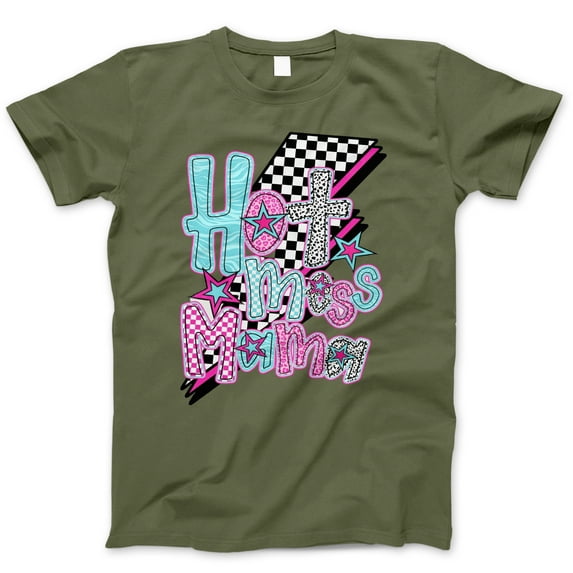 Hot Mess Mama T-Shirt – Funny Colorful Graphic Tee with Checkered Print and Stars, Mother's Day Gift, Cute Casual Mom Life Shirt