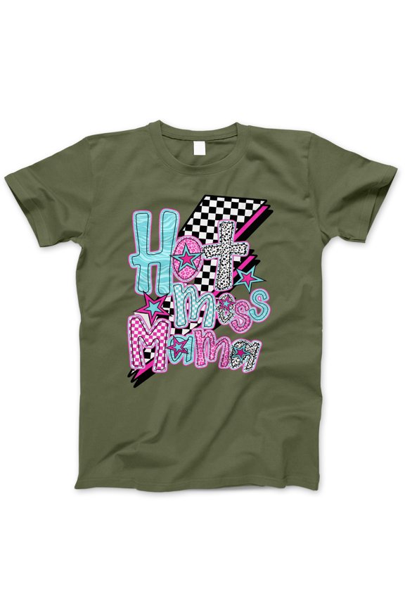 Hot Mess Mama T-Shirt – Funny Colorful Graphic Tee with Checkered Print and Stars, Mother's Day Gift, Cute Casual Mom Life Shirt