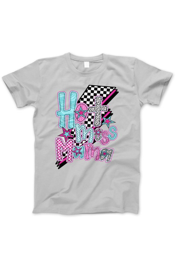 Hot Mess Mama T-Shirt – Funny Colorful Graphic Tee with Checkered Print and Stars, Mother's Day Gift, Cute Casual Mom Life Shirt