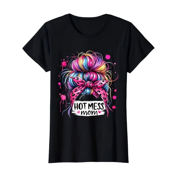 Hot Mess Mom Messy Bun Graphic T‑Shirt Women Colorful Leopard Bow Casual Short Sleeve Tee