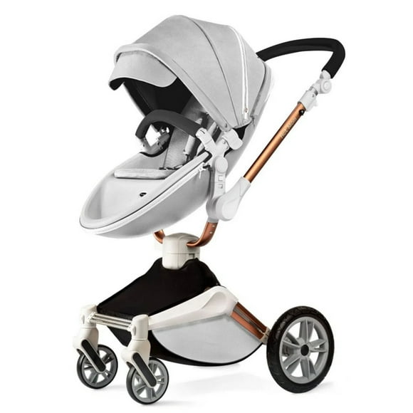 Hot Mom 360 Rotate Baby stroller 2 in 1 with Bassinet Combo,Reversible Travel System ,Luxury Leather Pram,0-48 Months,Grey