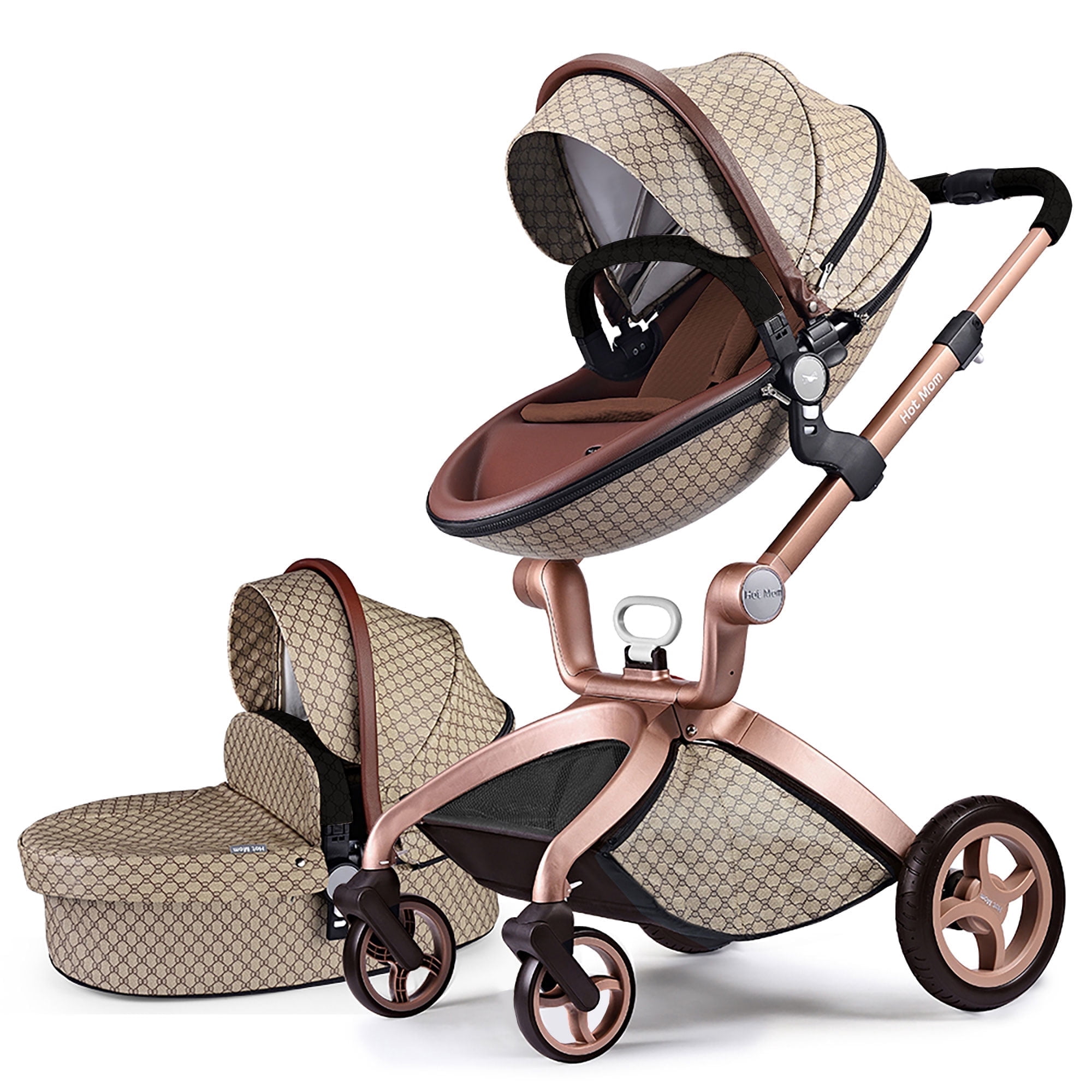 Hot Mom Baby Stroller Reversible Luxury PU Leather Pram,Grid