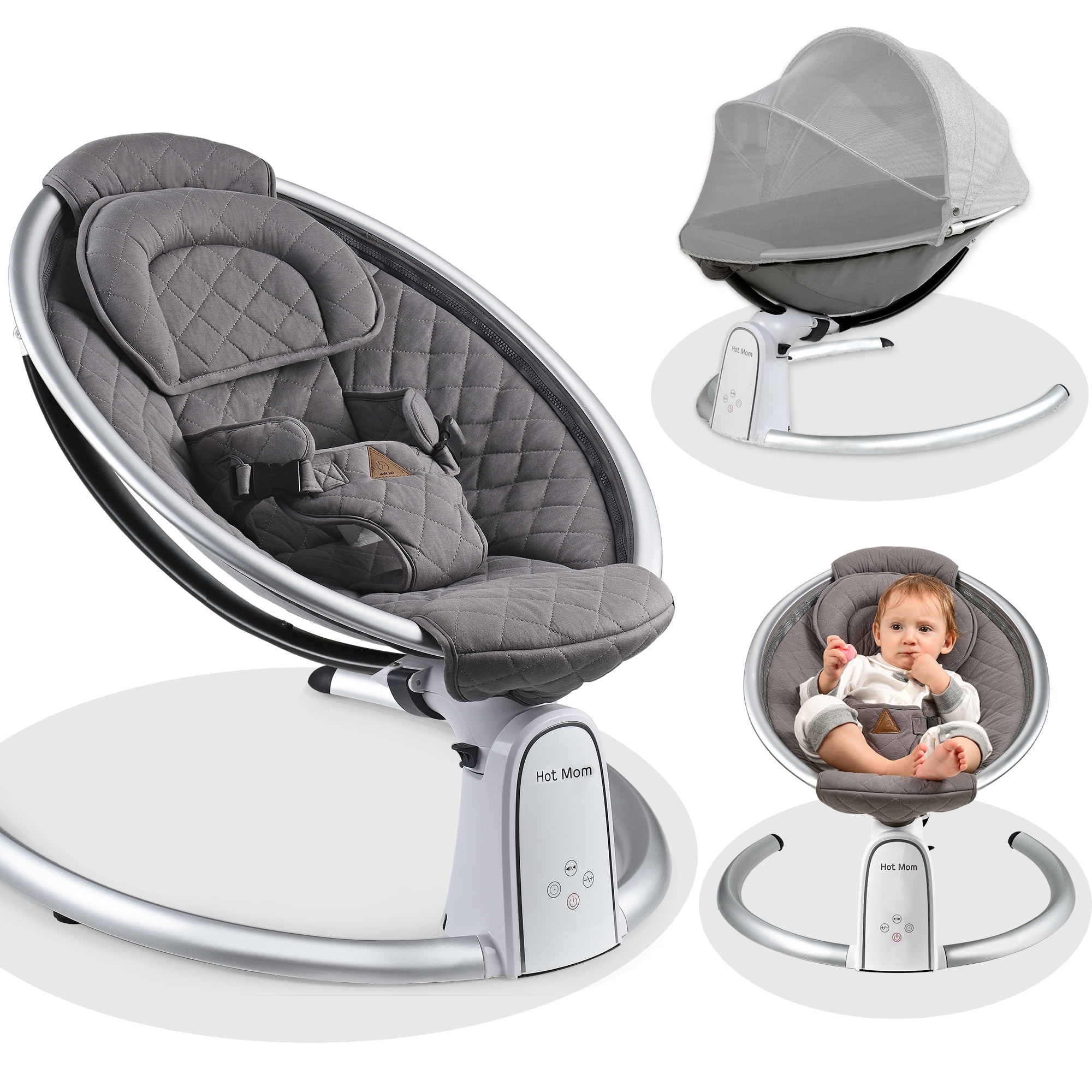 Hot Mom Electric Baby Bouncer Bluetooth Baby Rocker with Intelligence Timing Adjustable Seat for 0 12 Months Dark Grey