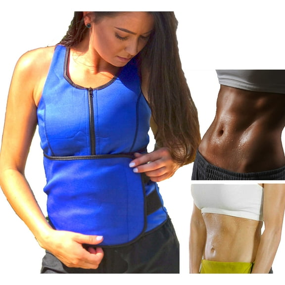 Hot Neoprene Slimming Vest With Adjustable Belt & Zipper Front - Sweat Thermal Weight Loss Sauna Waist Trainer Corset For Weight Loss, Gym Workout, & Body Shaper Tank Top Shirt - Blue, Small