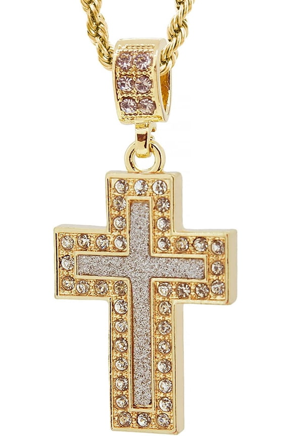 Hot New Gold Tone The Block Inlay Cross Men's Pendant 24" Rope Chain #2010