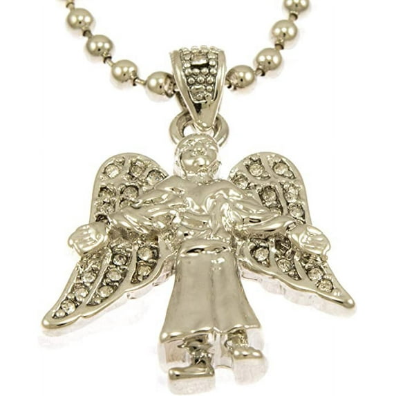 Hot New Silver Tone Guardian Angel Pendant Mini Pave Cz Stones Necklace 30" Ball Chain