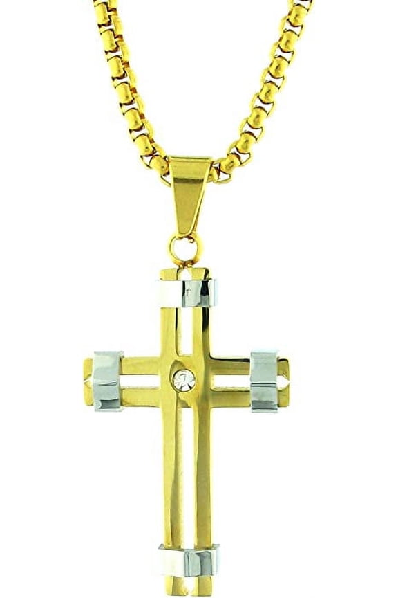 Hot New Stainless Steel Gold Tone Double Cross Pendant with 24" Chain.