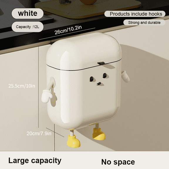 [Hot, Nordic Style Garbage Bin] Large Capacity Nordic Style Wall Mounted Garbage Bin | No Drilling, White with Lid, Cartoon Creative, Space Saving with Hook for Kitchen Bathroom