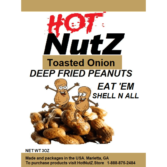 Hot NutZ Deep Fried Peanuts Toasted Onion Shelf-Stable Bites, 5 packs.