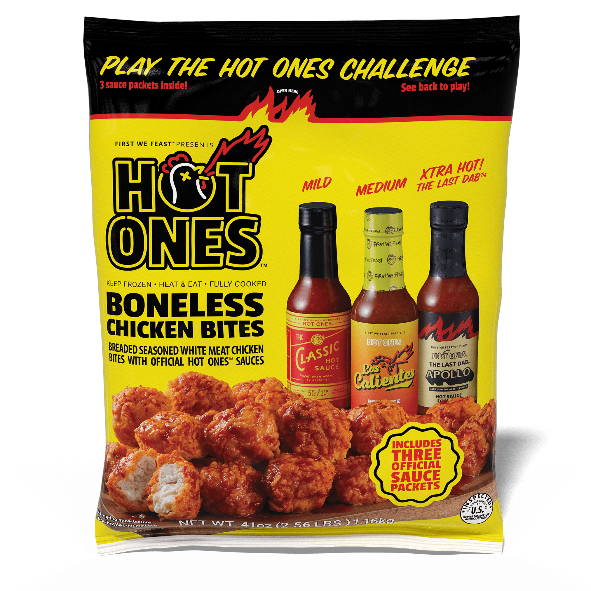 Hot Ones Mild, Medium & Hot Boneless Chicken Bites, 41 oz (Frozen