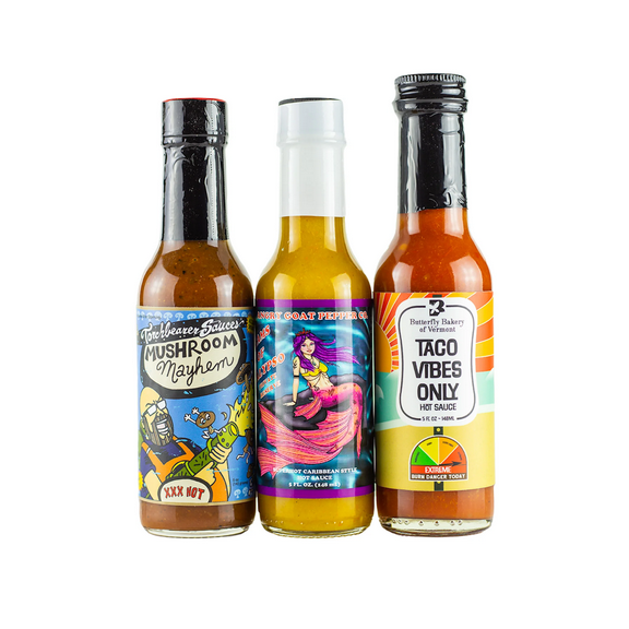 Hot Ones Season 20 Heat Pack Hot Sauce Made With Natural Ingredients, Spicy Condiment Variety Pack: Mushroom Mayhem by Torchbearer Sauces, Dreams of Calypso by Angry Goat Pepper Co, Dreams of Calyps