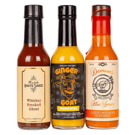 Hot Ones Season 22 Heat Pack Hot Sauce, Whiskey Smoked Ghost, Tropic Hot Star & Zuzu 7-Pot, (3-Pack) 5 Fl oz Bottles