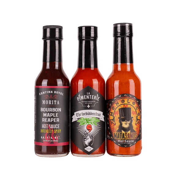 Hot Ones Season 23 Heat Pack, Hot Sauce Pack with Morita Bourbon Maple Reaper, Forbidden Fruit & MataSanos Hot Sauce, 5 Fl oz Bottles (3-Pack)