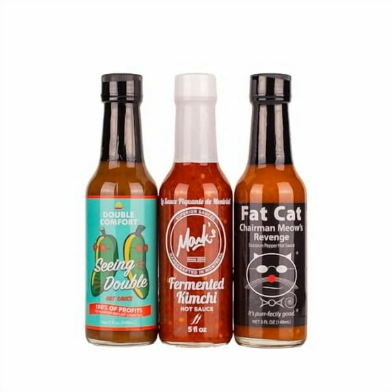 Hot Ones Season 24 Warmup Pack, Hot Sauce Pack With Seeing Double Hot Sauce, Fermented Kimchi, Fat Cat Chairman Meow Revenge, Made With All Natural Ingredents, 5 fl oz Bottles (3-Pack)