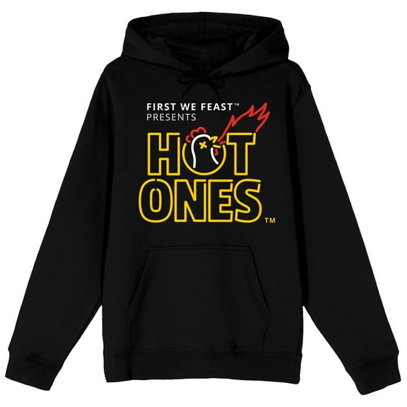 Hot Ones Stacked Logo Adult Black Long Sleeve Hooded Sweatshirt-Medium