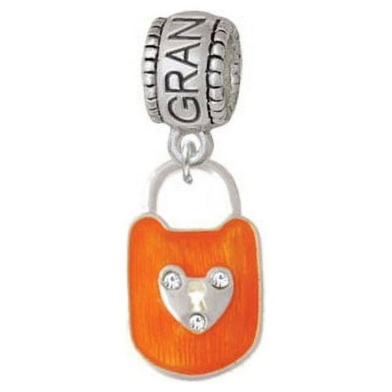 Hot Orange Enamel Lock with Clear Crystals - Grandmother Charm Bead
